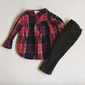 mixed brands outfit set plaid blouse & denim knit leggings 6-12 months baby girl